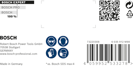 Etikett med text och QR-kod, tillhörande Bosch Power Tools. Innehåller symboler för skyddsutrustning och återvinning.