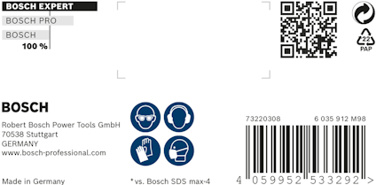 BOSCH etikett med QR-kod, streckkod, logotyper och text om tillverkning i Tyskland.