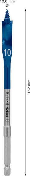 Blått borr med skala, texten "Bosch Expert" och "10" markerad i vitt. Längd 152 mm och diameter 10 mm anges.