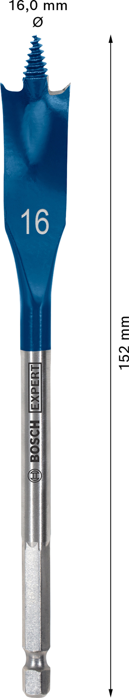 Blå borr med spets och text "16" samt "BOSCH" och "EXPERT". Längd anges som 152 mm och diameter som 16,0 mm.