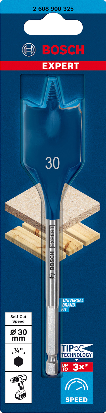 Flat wood drill bit in packaging marked "Bosch Expert," size 30 mm, with images of drilled wood.