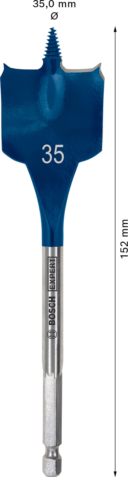 Blå spadeborr med en bred spets. Text på borret: "BOSCH EXPERT." Diameter anges som 35,0 mm och längd som 152 mm.