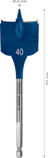 Borr med platt spadeform, märkt 40 mm. Bosch-logotyp och text "Patent" synliga på skaftet. Längd anges som 152 mm.