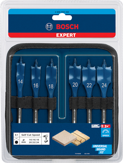 Borrsats från Bosch med 6 flata borr till trä i olika storlekar: 14, 16, 18, 20, 22, 24 mm.
