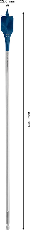 Blått borr med spets; text "22,0 mm" och "400 mm" med pilar visar dimensioner; siffran "22" på borret.