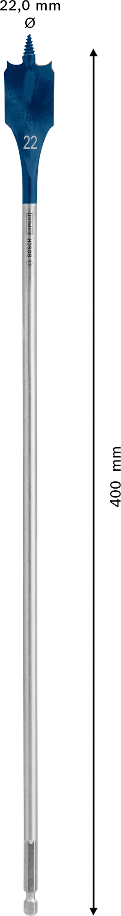 Blått borr med spets; text "22,0 mm" och "400 mm" med pilar visar dimensioner; siffran "22" på borret.