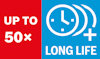 Röd och blå ruta med texten "UP TO 50x LONG LIFE" samt en klocka och plus-symbol.