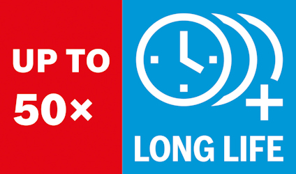 Röd och blå ruta med texten "UP TO 50x LONG LIFE" samt en klocka och plus-symbol.