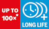 Röd och blå grafik med text: "UP TO 100x* LONG LIFE" samt en klockikon och plustecken.