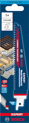 Förpackning med Bosch tigersågblad, modell S966XHM, lämpligt för olika material, har en tandad design och märkningen "Carbide Technology".