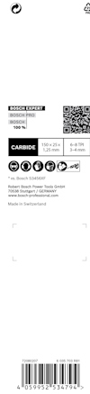 Förpackningstext för Bosch 150x25x4mm karbidblad med olika text- och symbolinformation.