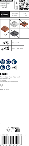 Förpackning för Bosch EXPERT 260/280 blå Bandsåg med information och QR-kod. Made in China.
