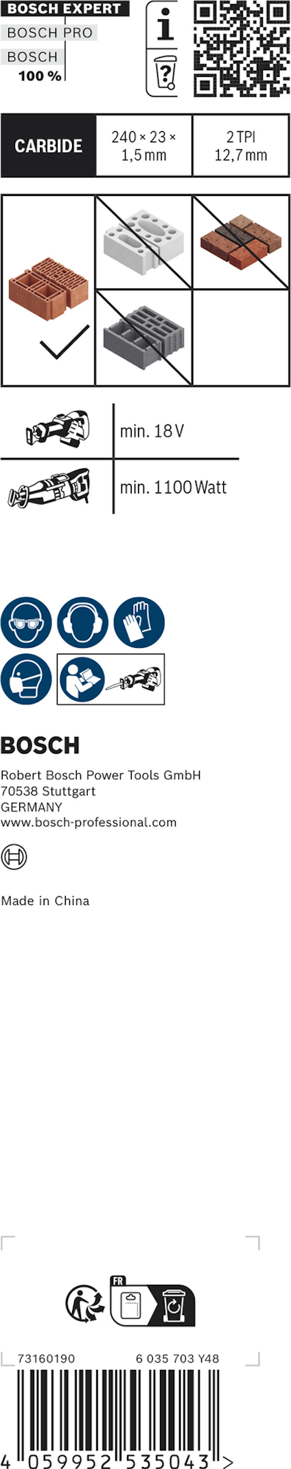 Förpackning för Bosch EXPERT 260/280 blå Bandsåg med information och QR-kod. Made in China.