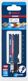 Förpackning med Bosch Expert hålsåg, 22 mm diameter, för tufft material, med text "CARBIDE TECHNOLOGY" och "LONG LIFE".