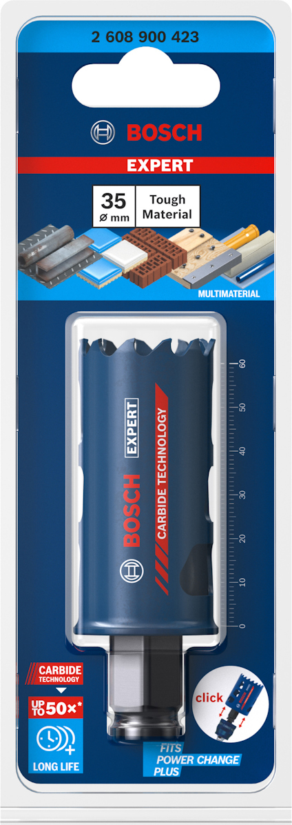 Förpackning med Bosch hålsåg för tuffa material, 35 mm, visar "Carbide Technology" och "Multimaterial".