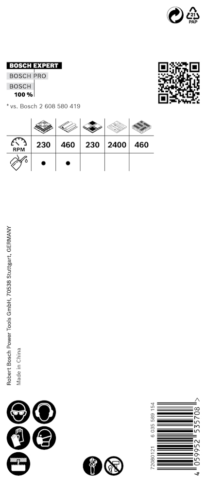 Förpackning med Bosch kapskiva. Information om diameter 230 mm, rotationshastighet 6,600 RPM. Inkluderar QR-kod.