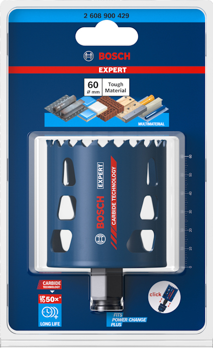 Förpackning med Bosch hålsåg Expert med karbidteknik, för tuffa material, 60 mm diameter.