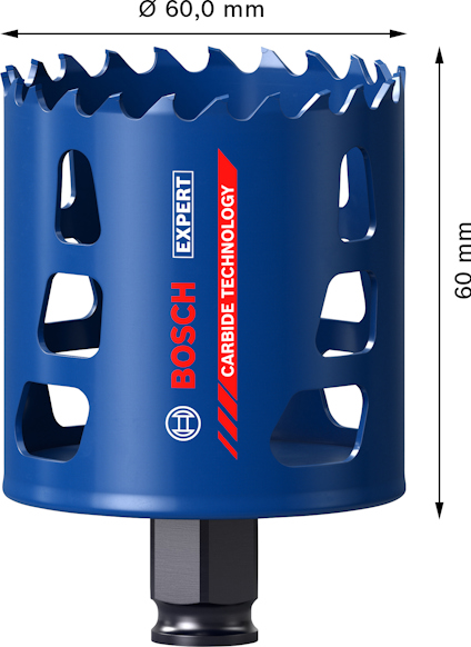 Blått Bosch hålsågblad, 60 mm i diameter, 60 mm djup, med inskription "EXPERT CARBIDE TECHNOLOGY".