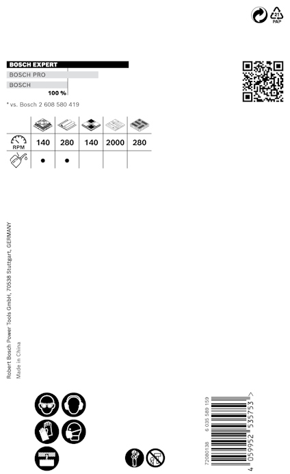 Förpackningsdesign för Bosch-slipprodukter med olika kornstorlekar: 140, 280, 140, 200, 280. QR-kod och ikoner nedtill.