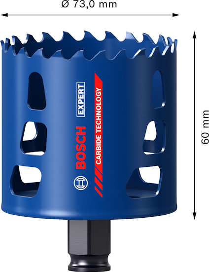 Blått hålsågshuvud från Bosch, "EXPERT CARBIDE TECHNOLOGY", diameter 73 mm, djup 60 mm.