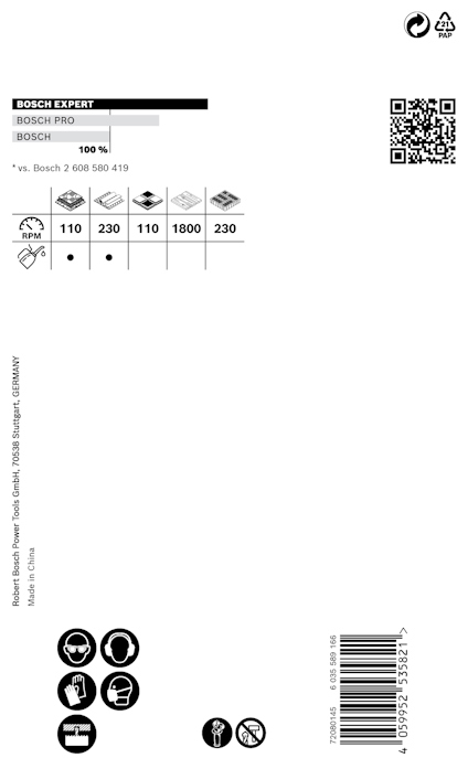 Förpackning med teknisk information och kontaktuppgifter för Bosch Expert, med piktogram och QR-kod.