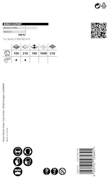 Förpackning med Bosch Expert, artikelnummer 2 608 580 419, innehåller produktsymboler och QR-kod.