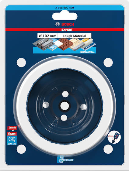 Förpackning med en Bosch Expert-hålsåg, 102 mm diameter, för flera material.
