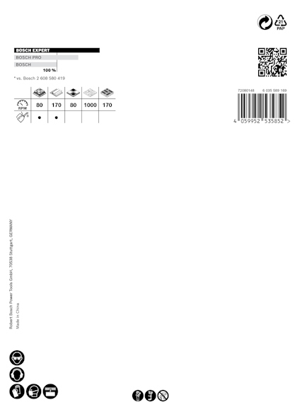 Vit förpackning med text: "BOSCH EXPERT 2608600541". Piktogram och QR-kod nederst. EAN: 4059952535582.