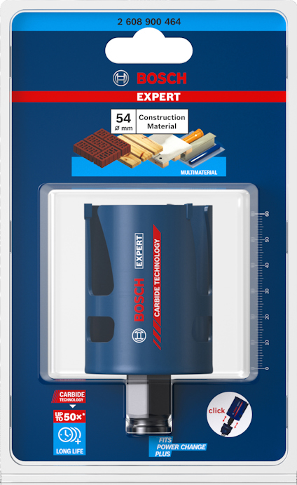 Förpackning med Bosch Expert hålsåg, 54 mm diameter, för byggmaterial.