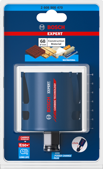 Förpackning med Bosch hålsåg för konstruktionsmaterial, diameter 68 mm, med carbide teknologi och lång livslängd.