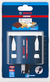 Borrprodukt från Bosch Expert för byggmaterial, diameter 76 mm, i förpackning med illustrationsbilder och varumärkeslogotyp.