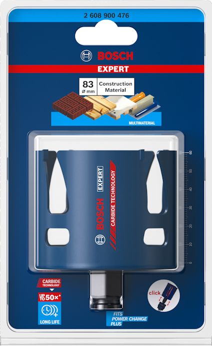 Förpackning med Bosch Expert-hålsåg, diameter 83 mm, för byggmaterial. Innehåller klickmekanism och bild på applikationer.