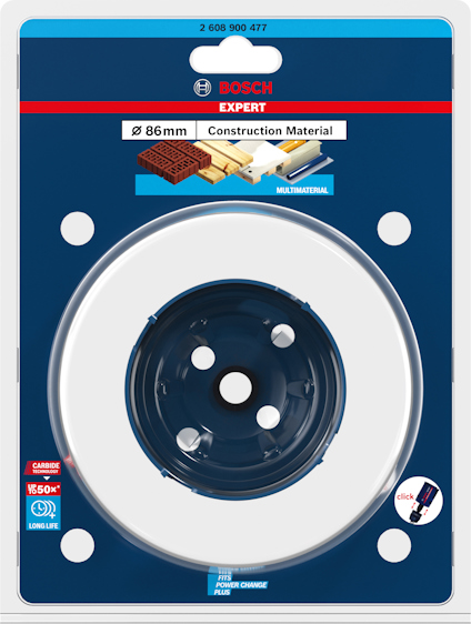 Förpackning med Bosch hålsåg, Expert MultiMaterial, Ø 86 mm, för byggmaterial.