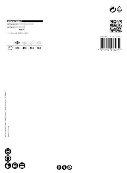 Förpackning med Bosch Expert slippapper. Innehåller symboler för återvinning och certifiering, samt streckkod.