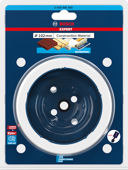Förpackning med en Bosch Expert multiverktygsblad, diameter 102 mm, för byggmaterial.