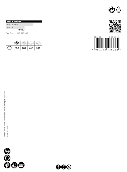 Etikett med text och symboler, inklusive "Bosch", "Bosch Pro", "300" och "400". QR-kod och återvinningssymboler synliga.