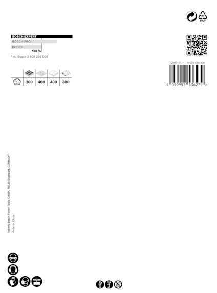 Förpackningens etikett för Bosch Expert-klinga med QR-kod, streckkod och tekniska specifikationer.