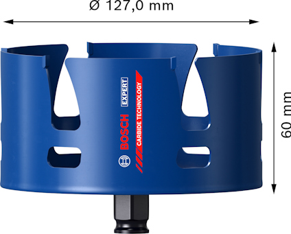 Blå borrkrona från Bosch med texten "Expert Carbide Technology", 127,0 mm diameter och 60 mm höjd.