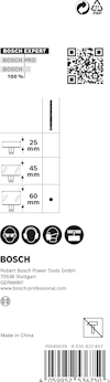 Förpackning med grafik och text. Angivelser: 25 mm, 45 mm, 60 mm. Inkluderar QR-kod och Bosch-logotyp. Made in China.