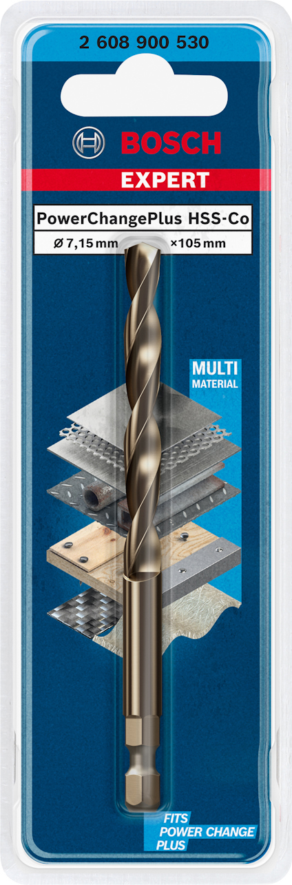 Borr från Bosch Expert i förpackning, märkt "PowerChangePlus HSS-Co". Finns specifikationer som "Ø 7,15 mm x 105 mm".