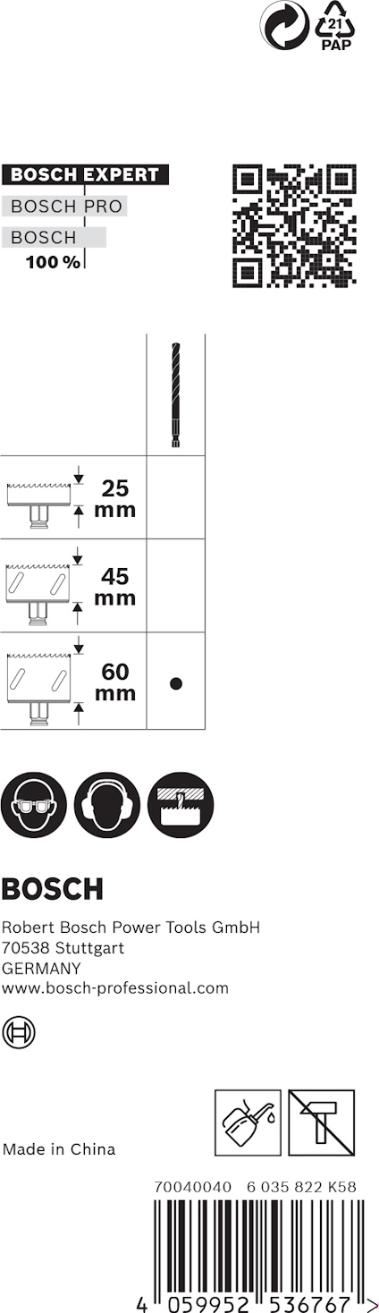Förpackning med Bosch tillbehör för professionellt bruk, inkluderar mätningar och streckkod.