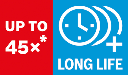 Röd och blå rektangel med texten "UP TO 45x*" och "LONG LIFE", samt en klockikon.