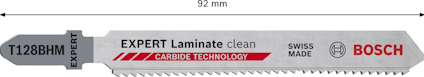 Sticksågblad med text: "EXPERT Laminate Clean", "Carbide Technology", "Swiss Made", "Bosch", längd 92 mm.