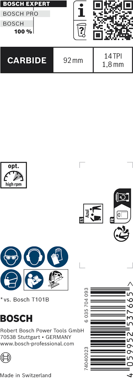 Bosch Expert förpackning med text och symboler, QR-koder samt specifikationer: CARBIDE, 92 mm, 1,8 mm. Tillverkad i Schweiz.