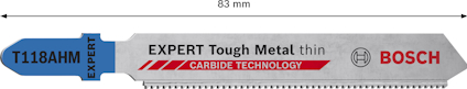 Vågtandad sticksågblad med text "EXPERT Tough Metal thin", "CARBIDE TECHNOLOGY" och "BOSCH". Längd 83 mm.