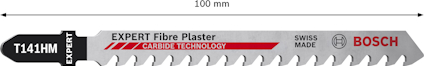 Sågblad för sticksåg, märkning "T141HM", längd 100 mm, text: "EXPERT Fibre Plaster", "Carbide Technology", "Swiss Made", "BOSCH".