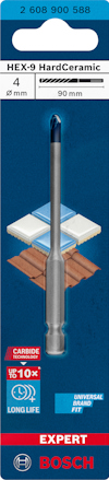 Förpackning av Bosch HEX-9 HardCeramic borr, 4mm x 90mm, med blå spets och information om livslängd och universell användning.
