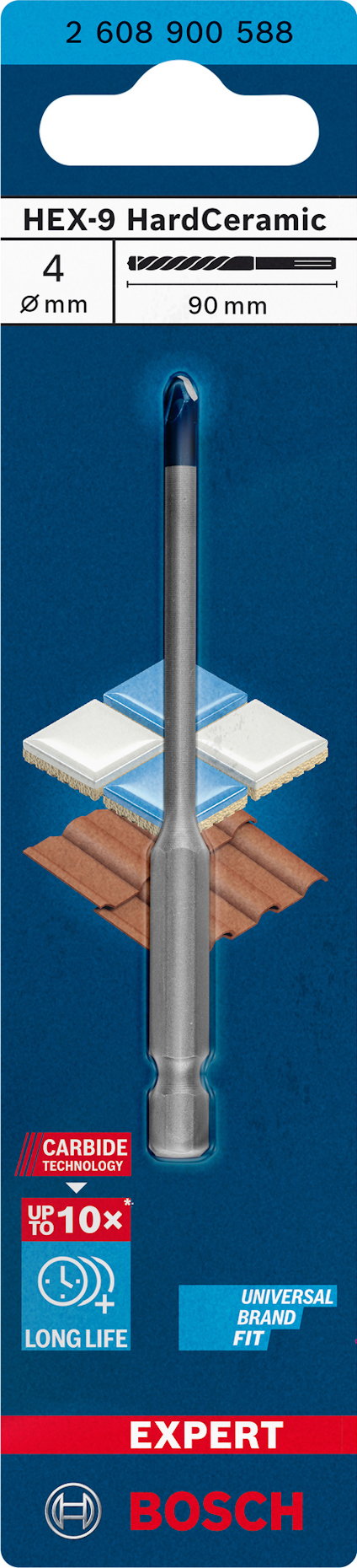 Förpackning av Bosch HEX-9 HardCeramic borr, 4mm x 90mm, med blå spets och information om livslängd och universell användning.