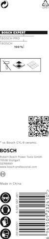 Förpackning med information om Bosch borrtillbehör och QR-kod, streckkod, Bosch-logotyp och tillverkningsdetaljer.