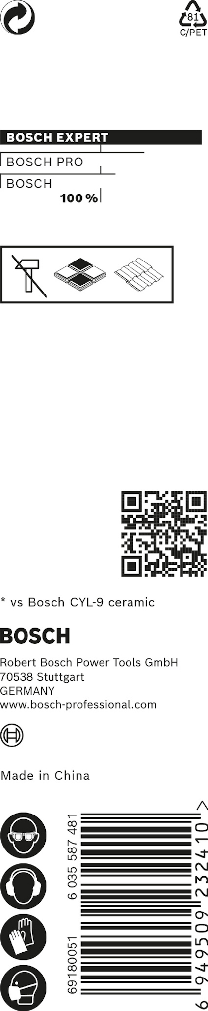 Förpackning med information om Bosch borrtillbehör och QR-kod, streckkod, Bosch-logotyp och tillverkningsdetaljer.